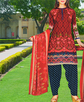 Classic Maroon Printed Cotton Unstitched Suit