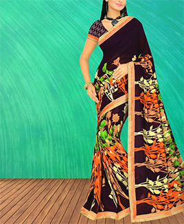 Brown Printed Georgette Saree