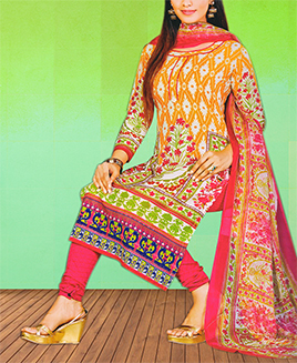 Trendy Printed Yellow Cotton Unstitched Suit