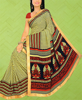 Ethnic Border Printed Beige Georgette Saree