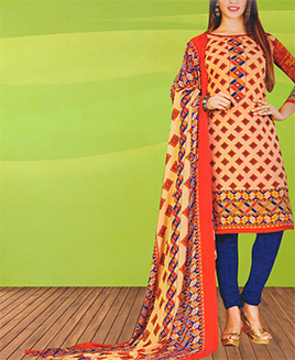 Red Printed Cotton Unstitched Suit