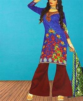 Abstract Printed Blue Cotton Unstitched Suit