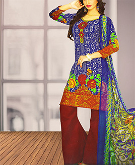 Majestic Blue Printed Cotton Unstitched Suit